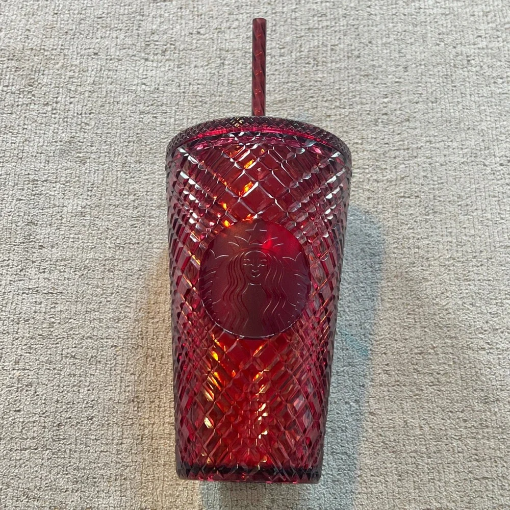 Starbucks Red Ruby Jewel Textured Cold Cup Tumbler 24oz Venti Grid Lid Straw